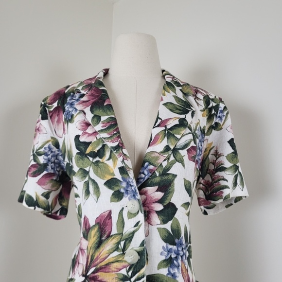 90’s botanical blazer short sleeve blouse button up floral long pockets vintage - Picture 12 of 16